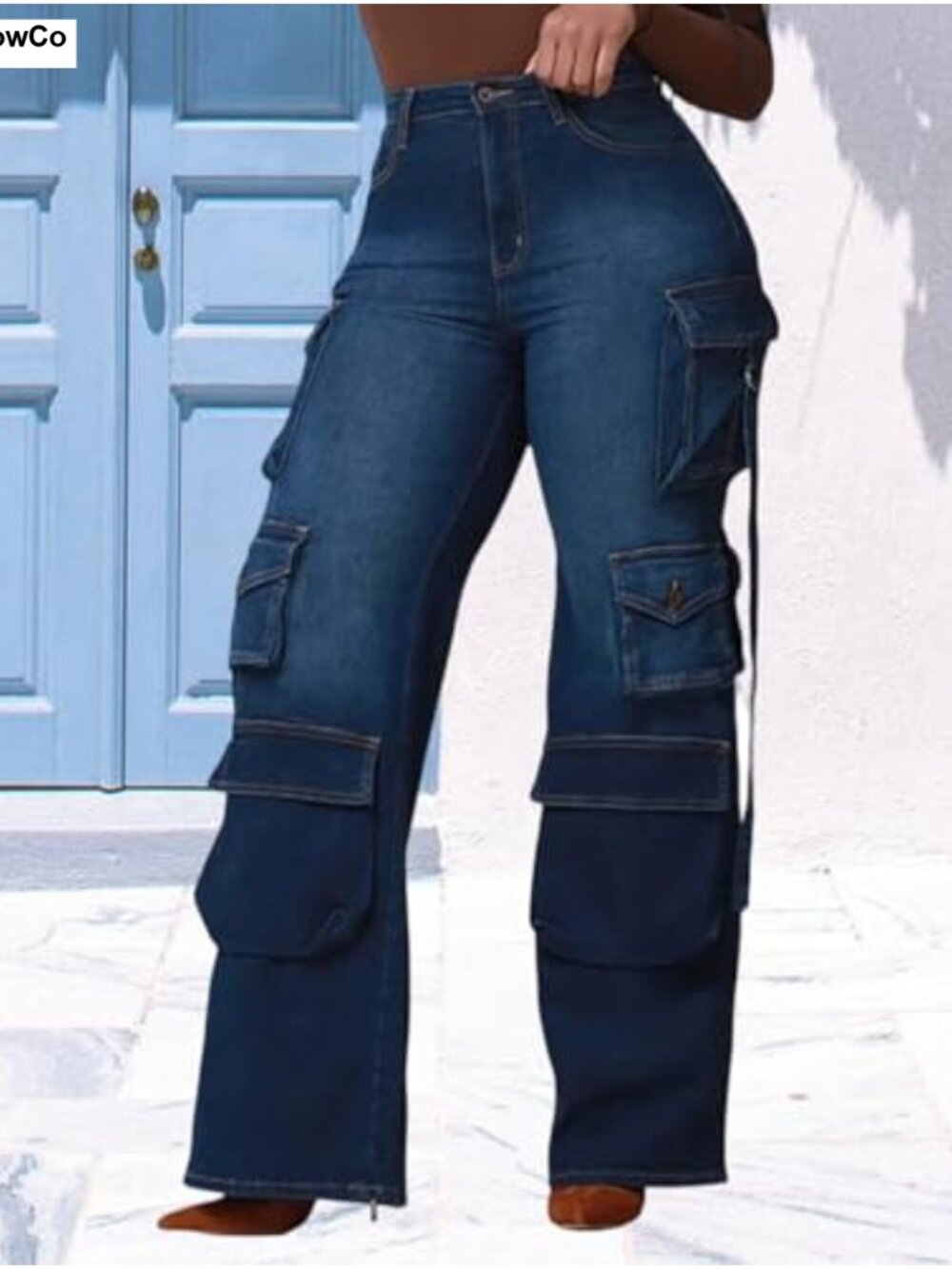 Wide Leg Cargo Jeans High Waisted Stretchy Baggy Denim Pants - Picture 6 of 6